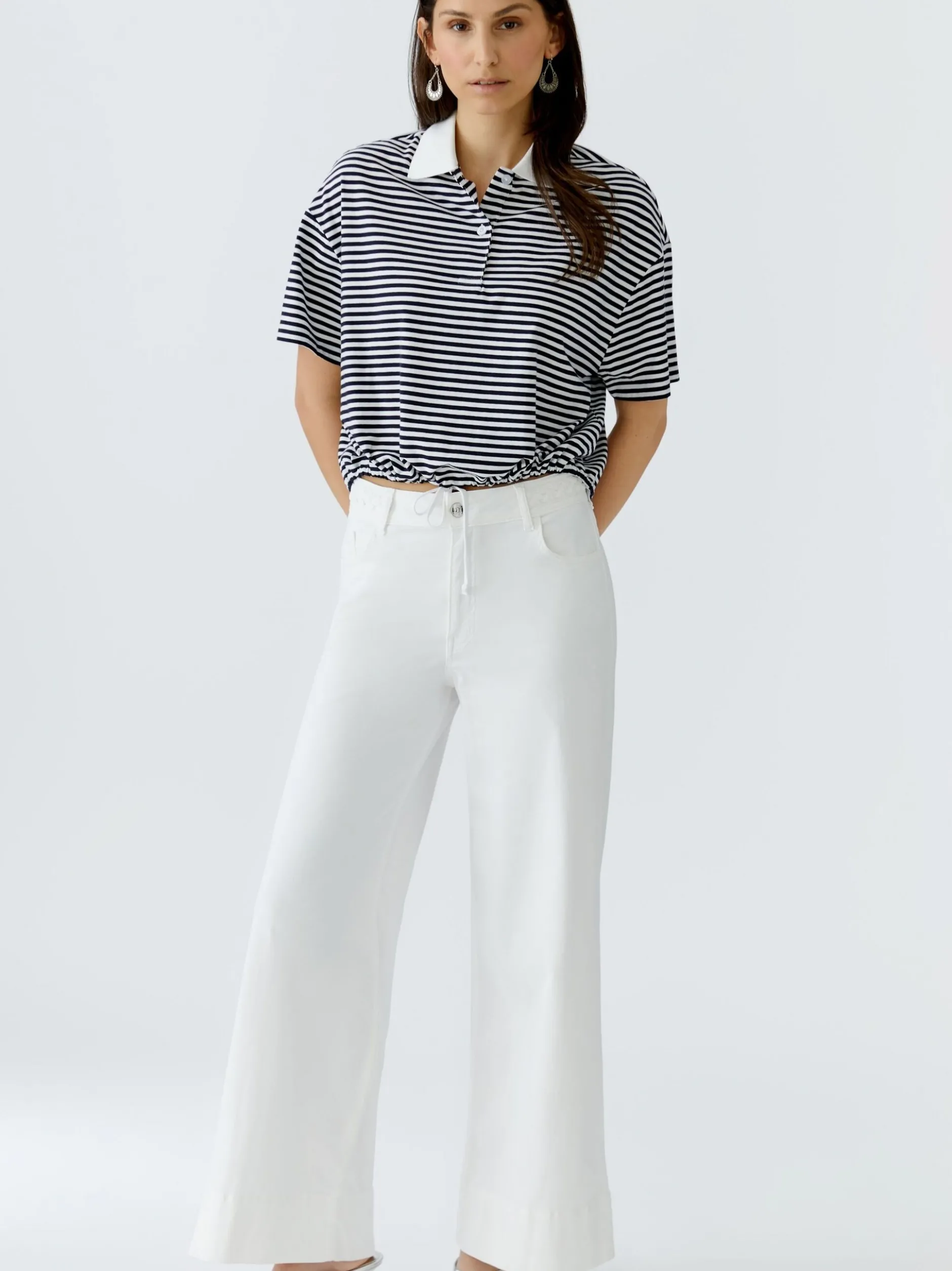 Oui Damen Poloshirt in blau weiß - Ärmel: Halbarm