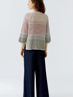 Oui Damen Pullover in weiß rot - Ärmel: 3/4 Arm