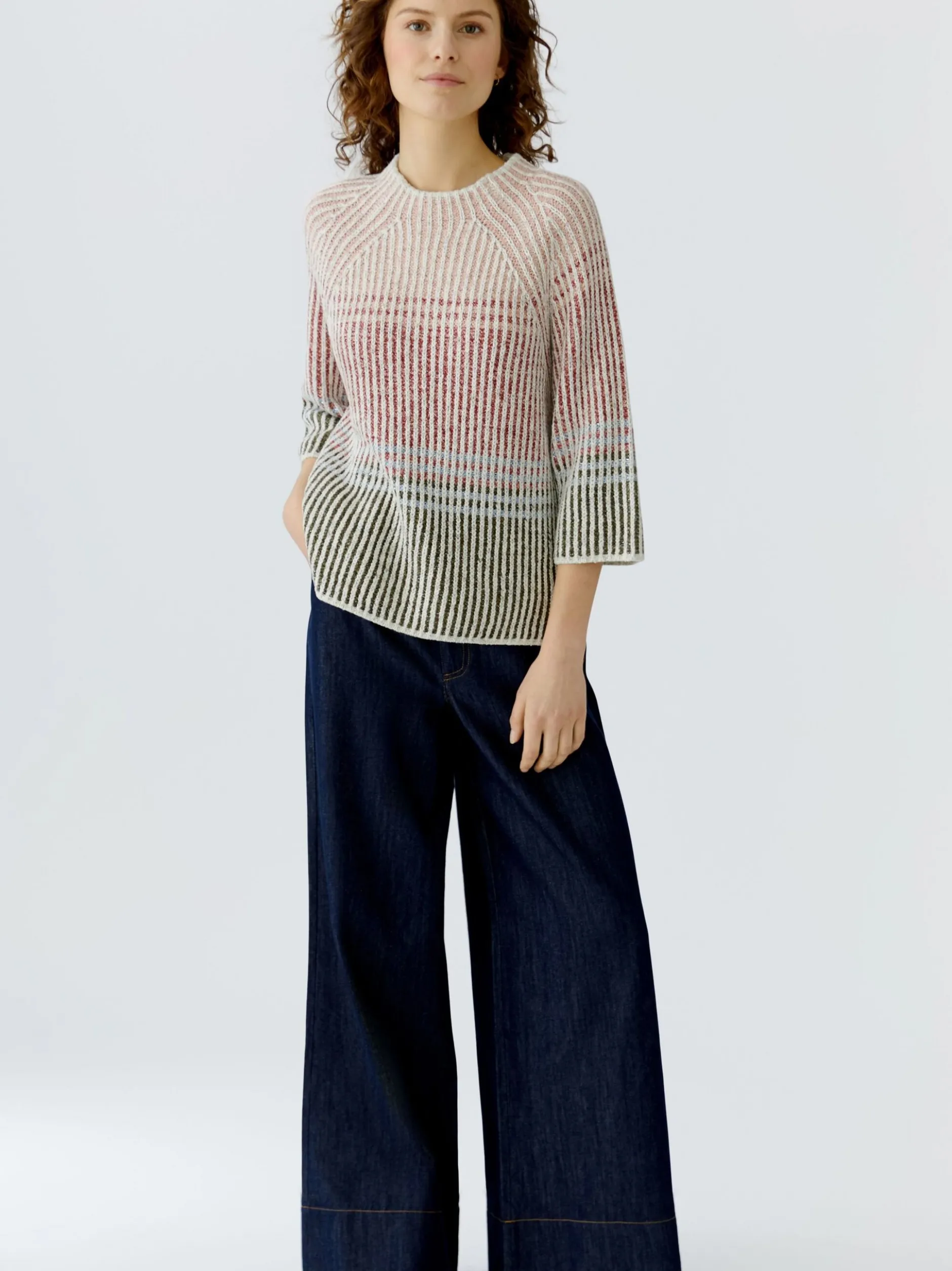 Oui Damen Pullover in weiß rot - Ärmel: 3/4 Arm