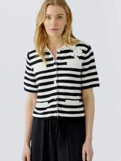 Oui Damen Strickjacke in weiß schwarz - Ärmel: kurzarm