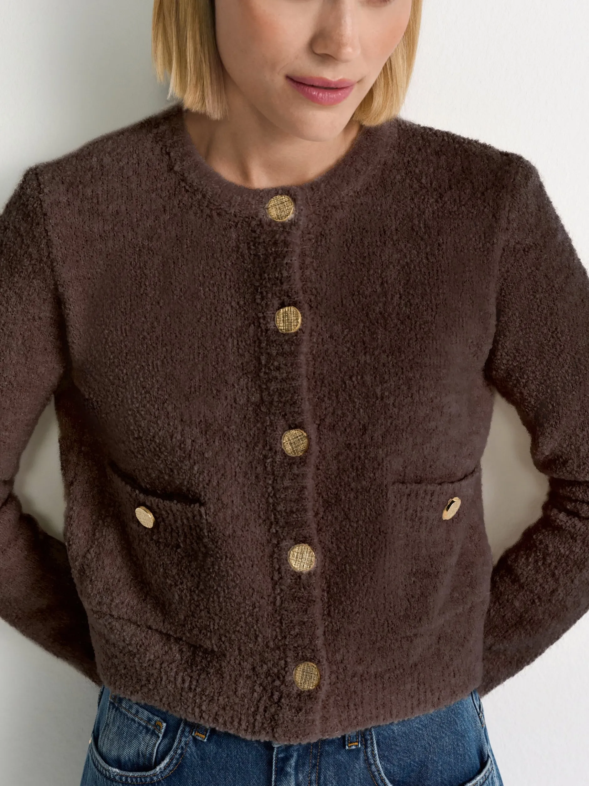Rich & Royal Damen Bouclé-Strickjacke mit Woll-Anteil in schoko