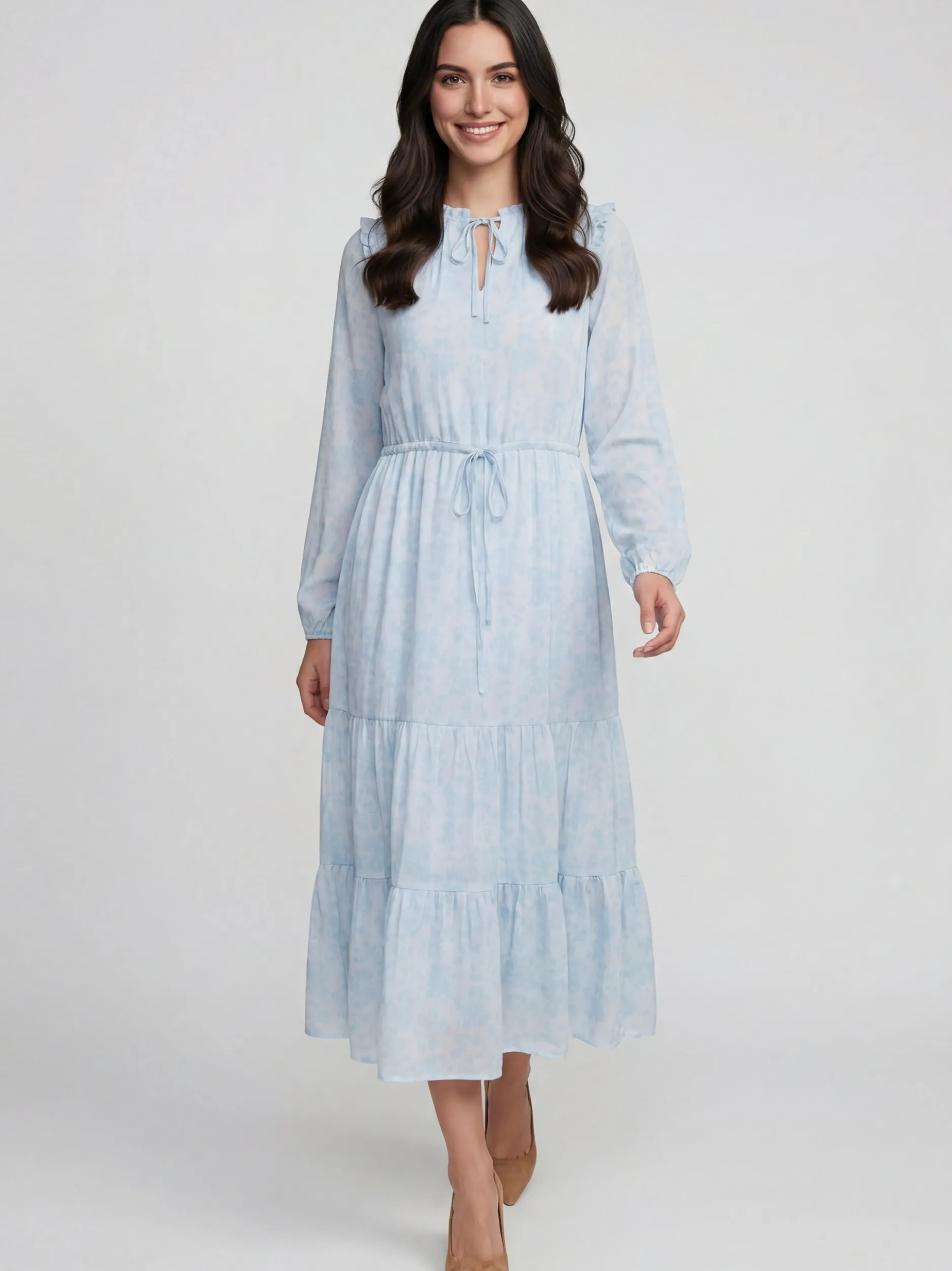 Usha Damen Kleid in blau beige - Ausschnitt: Rundhals
