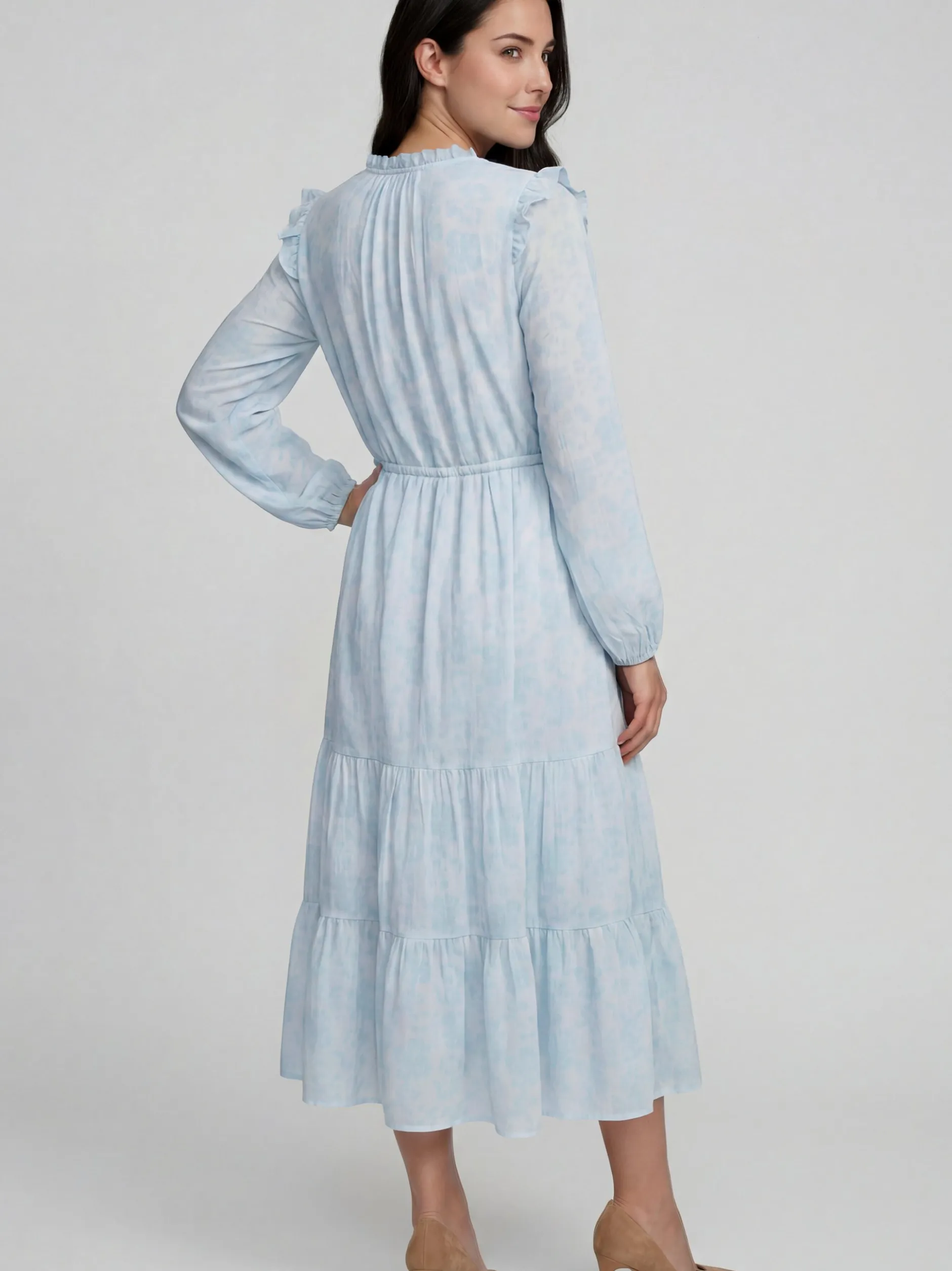 Usha Damen Kleid in blau beige - Ausschnitt: Rundhals