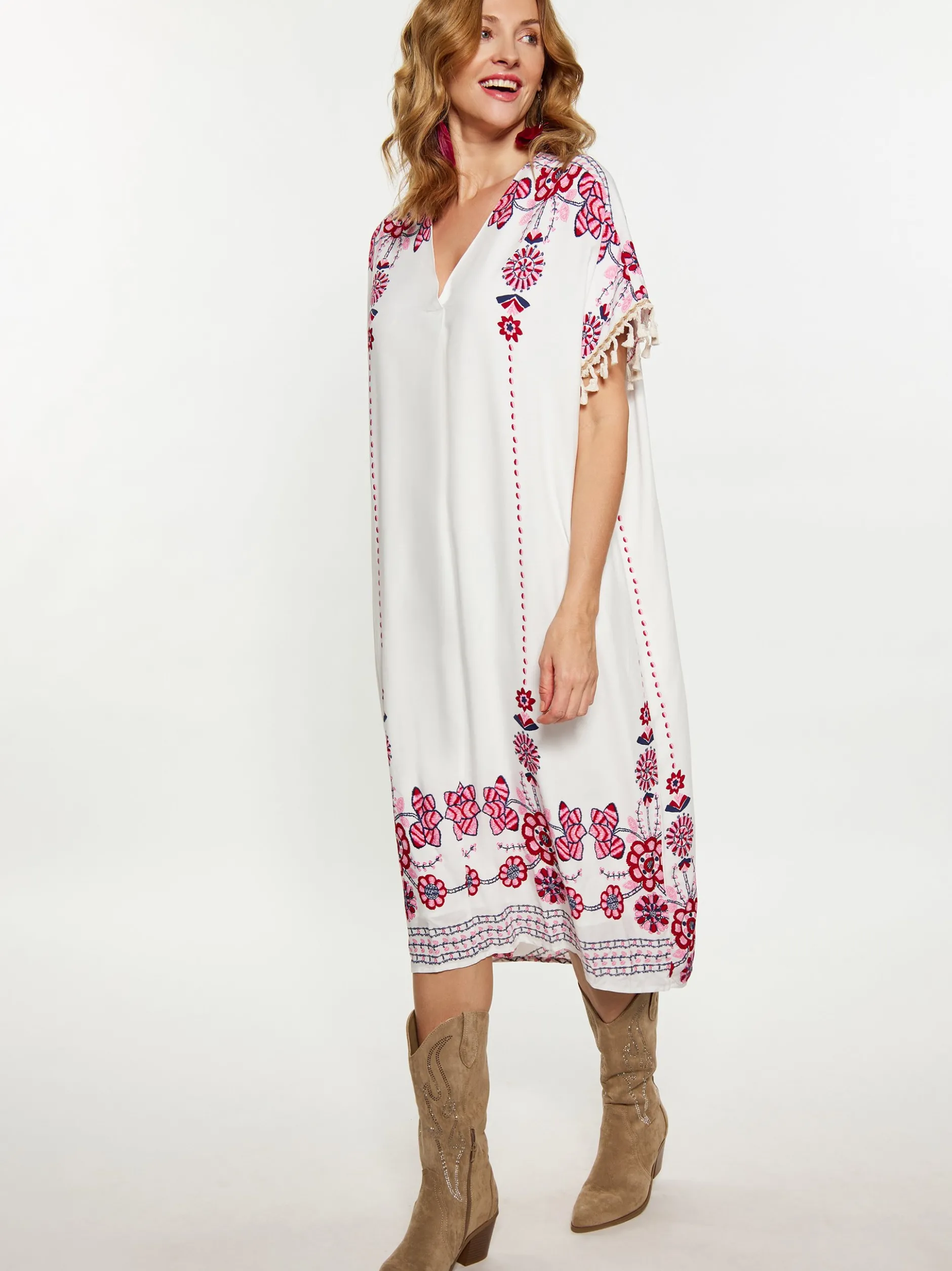 Usha Damen Kleid in weiß - Ausschnitt: V-Ausschnitt