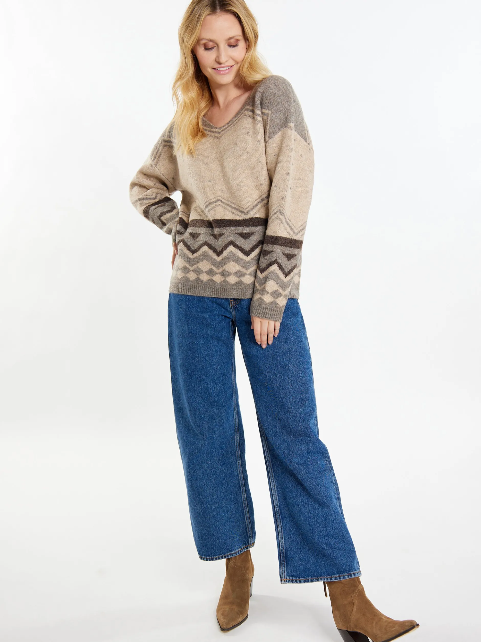 Usha Damen Pullover in beige - Ausschnitt: V-Ausschnitt