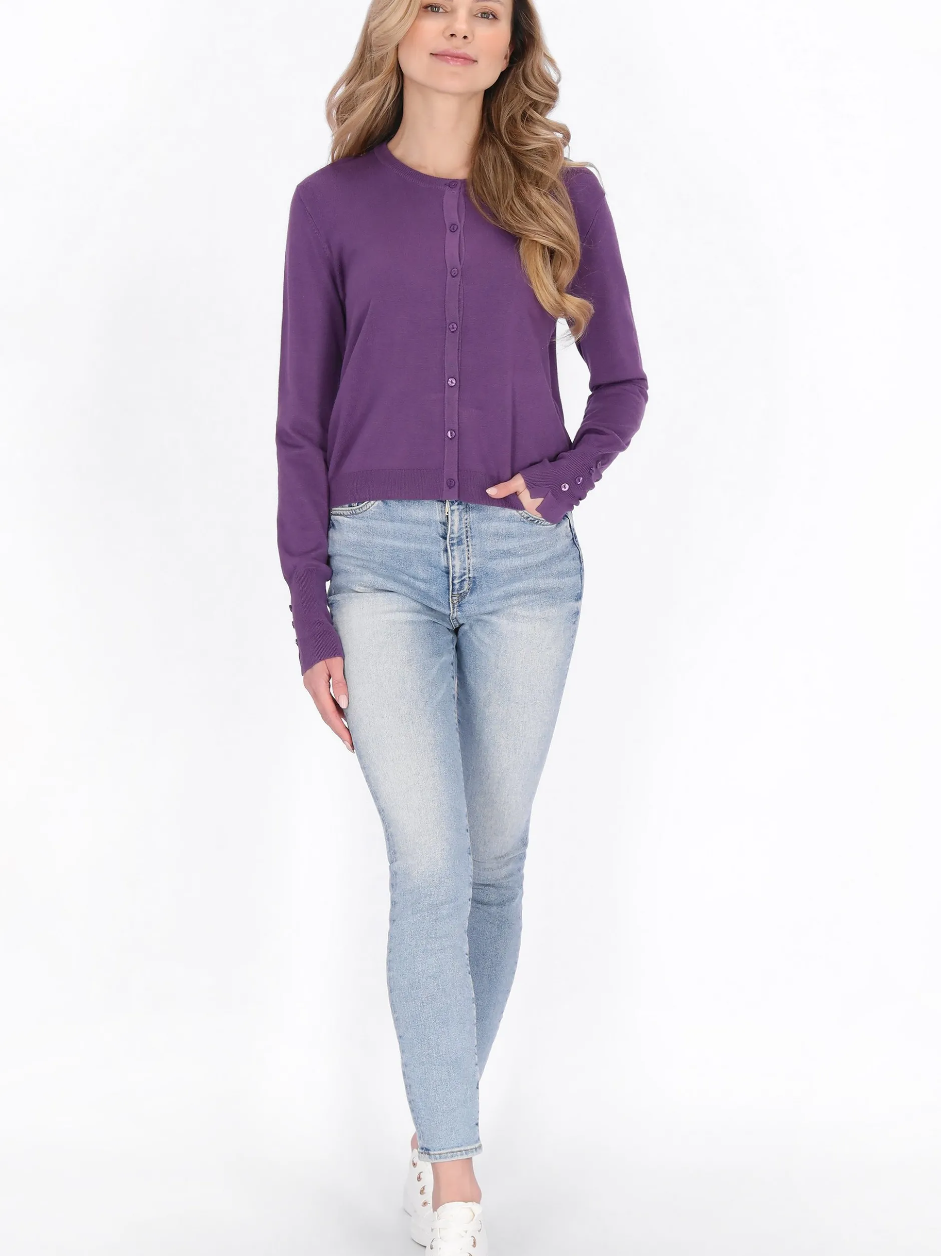 Usha Damen Strickjacke in lila - Ausschnitt: Rundhals