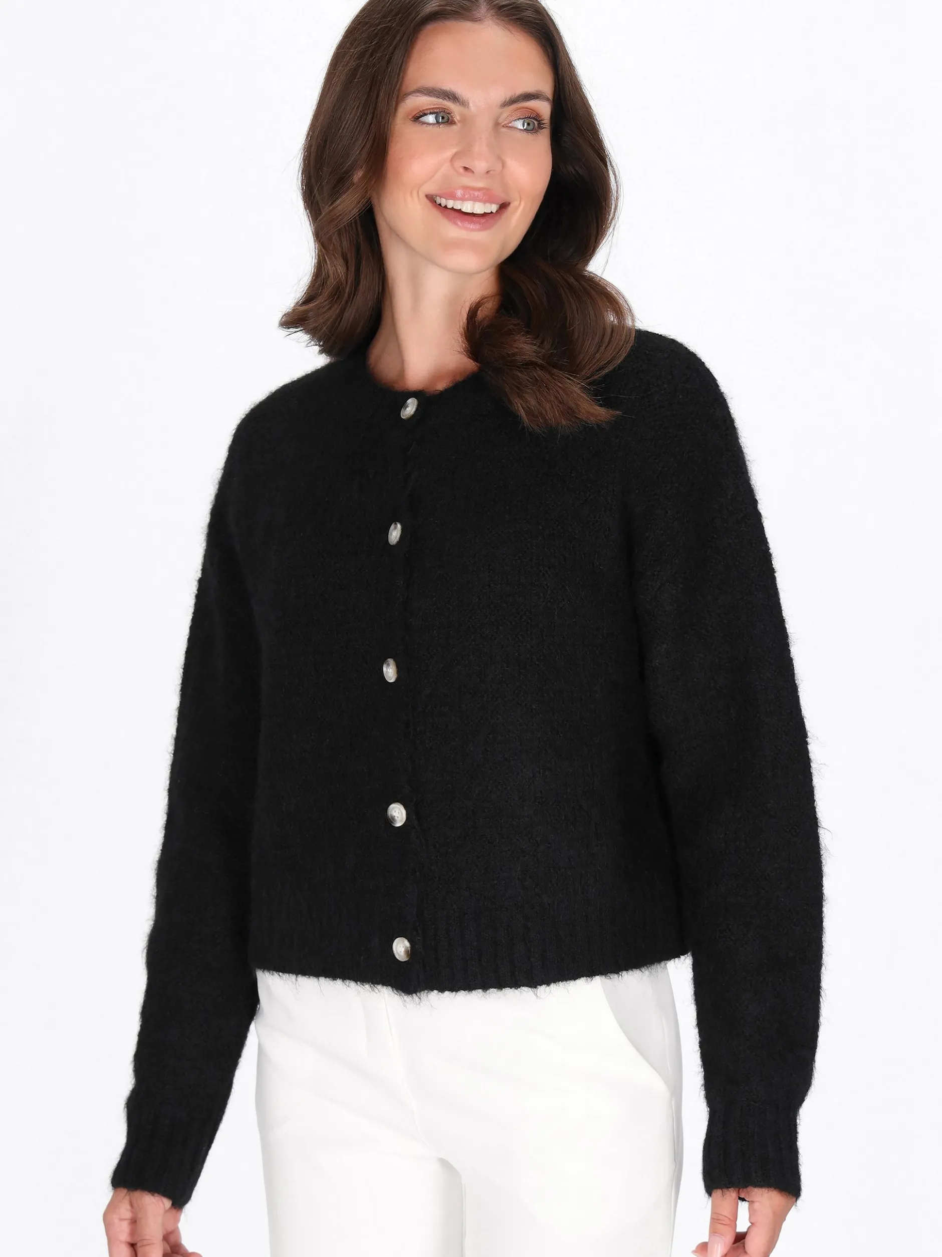 Usha Damen Strickjacke in schwarz - Ausschnitt: Rundhals
